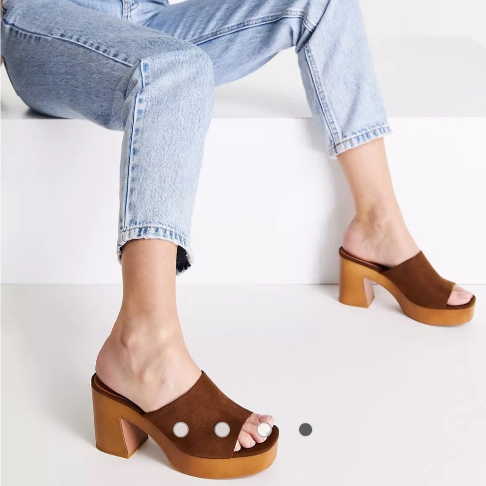 ASOS DESIGN Harmony mid heel platform mules in tan brown wedges